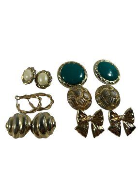 Lot 6 Pierced Earrings Gold Tone Button Textured Bow Hoops Retro
